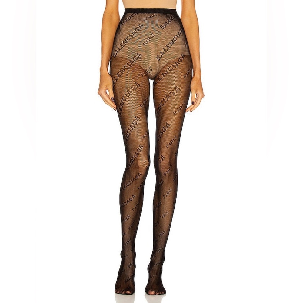 Balenci Inspired Logo Fishnet Stockings- Black